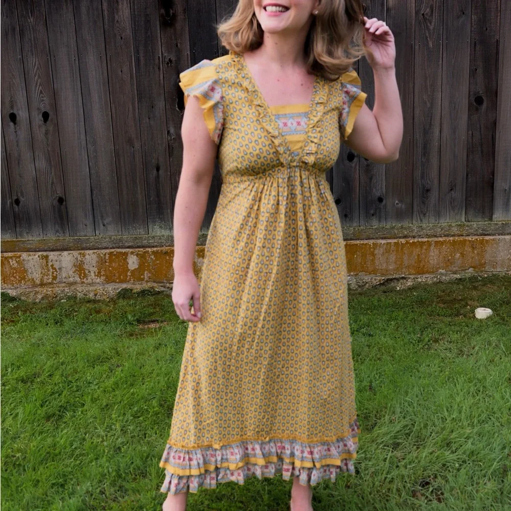 April Cornell Yellow Ruffled Ruched Midi Sundress - Picture 1 of 5
